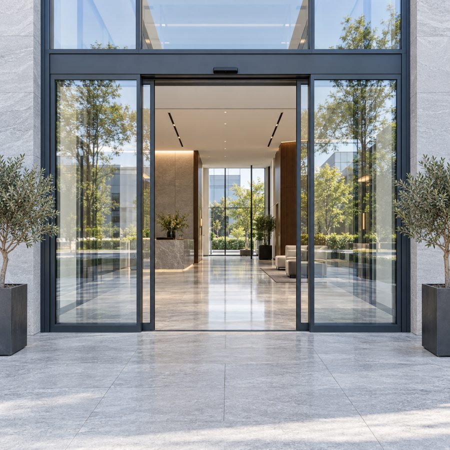 Automatic glass sliding entrance doors opening into a modern office lobby