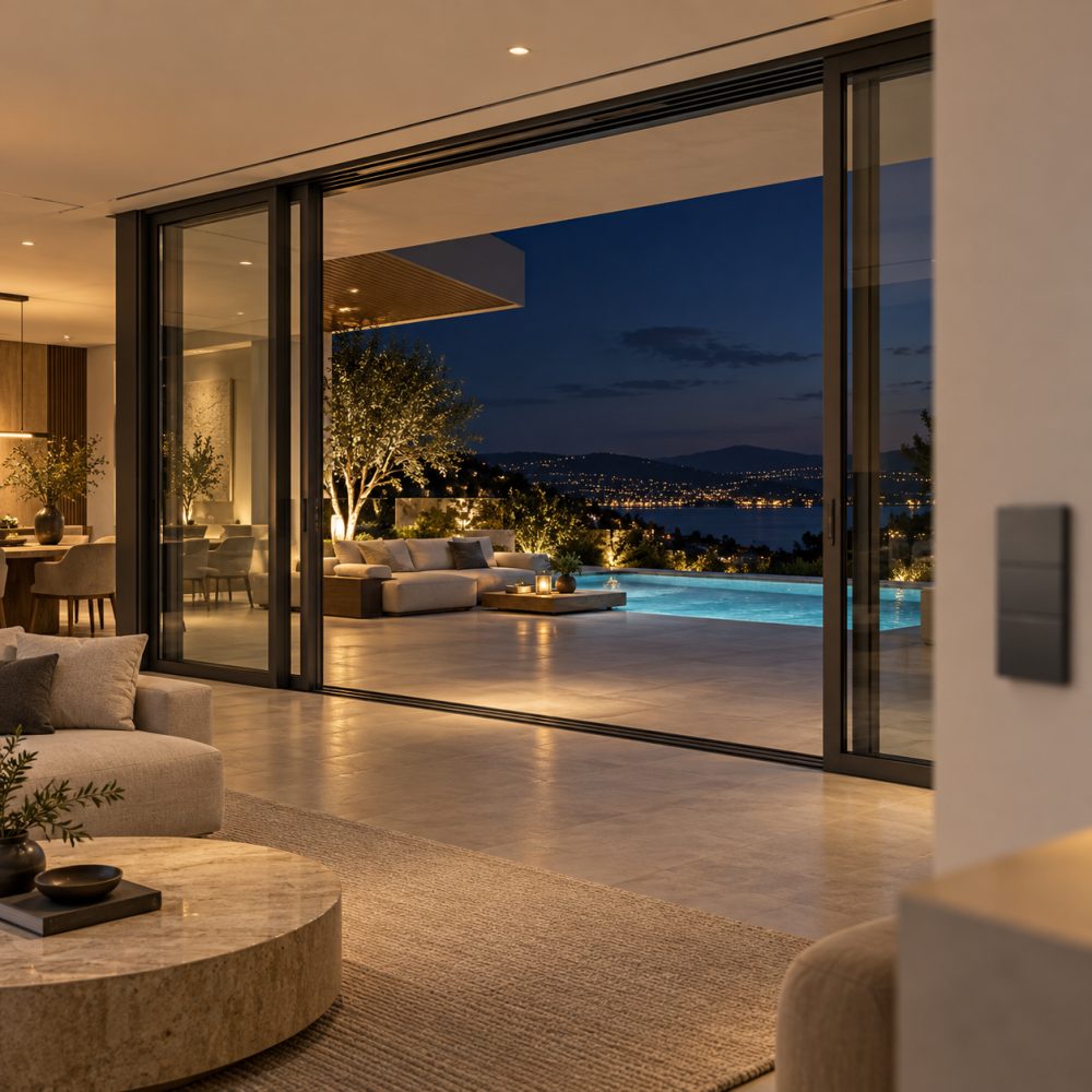 Motorized panoramic sliding door opening onto a lit terrace and pool at night, with a wall control panel