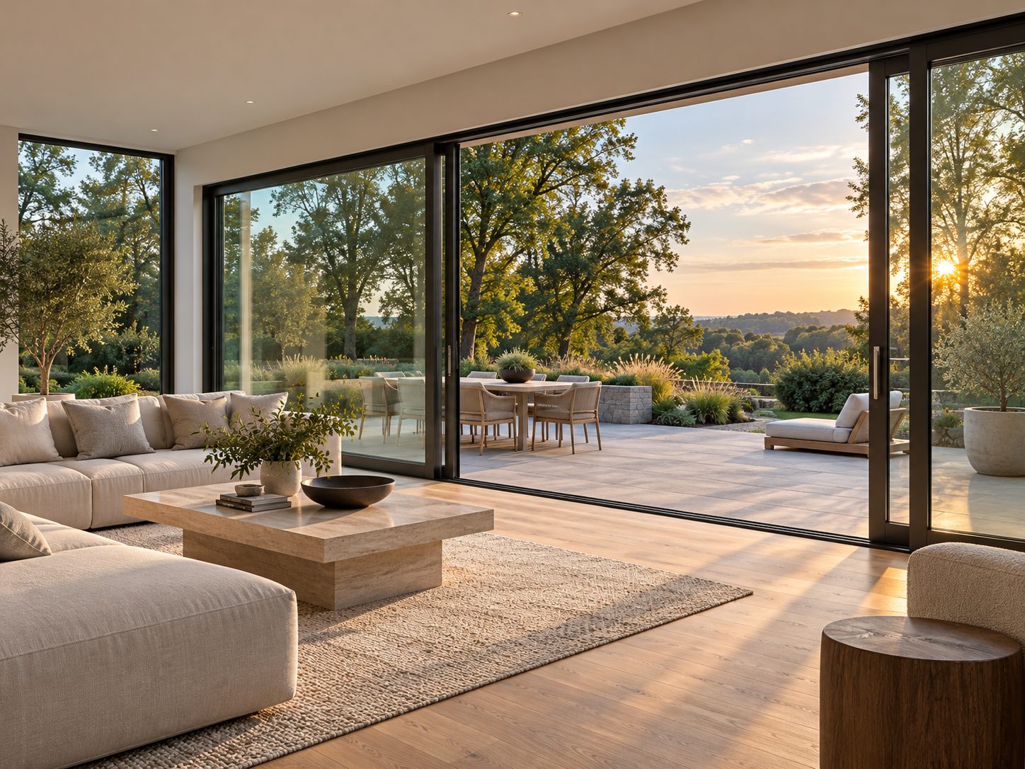 Aluminium lift-and-slide door opening a living room onto a garden terrace at sunset