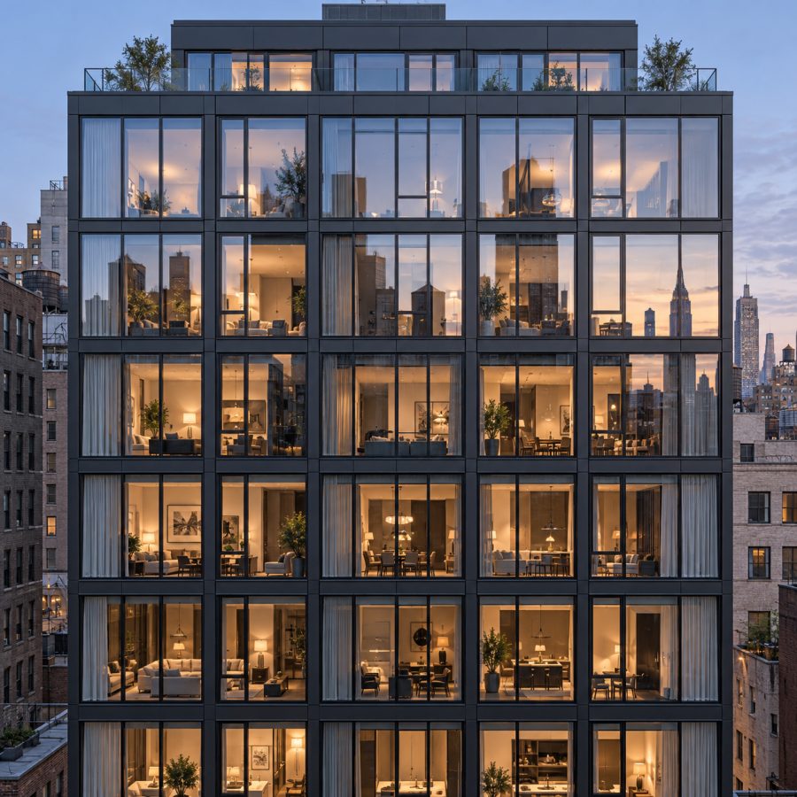 Aluminium curtain wall facade of a residential building in Manhattan at dusk