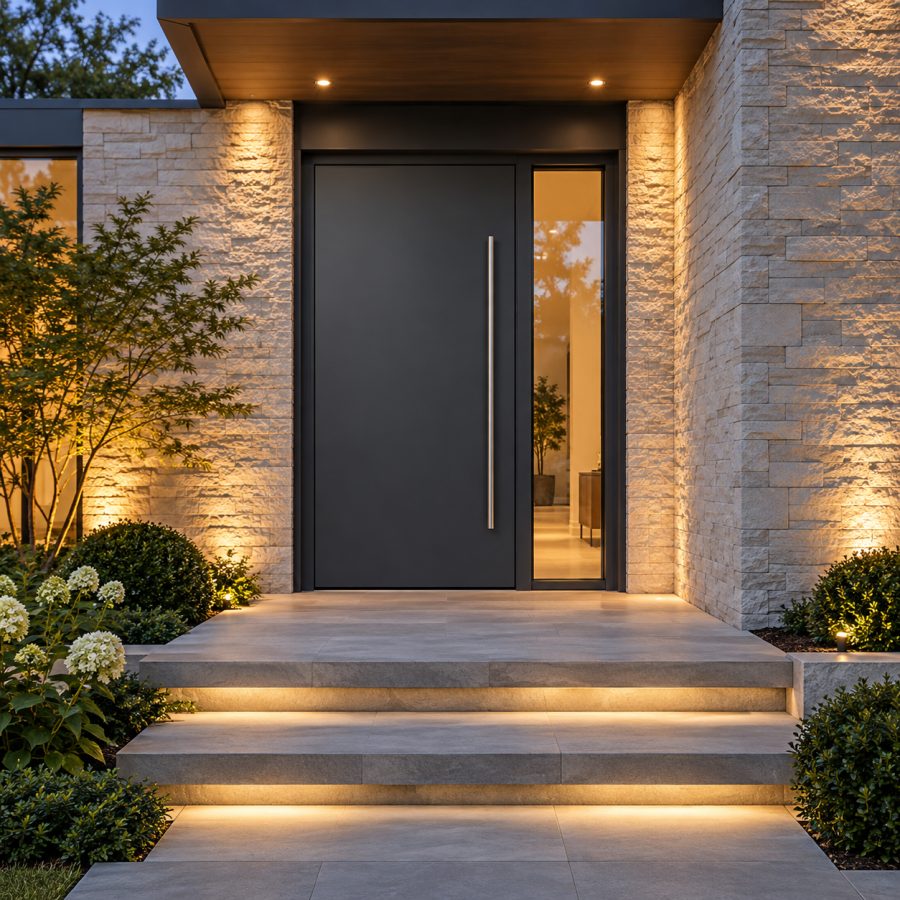 Contemporary anthracite aluminium entrance door with a glass sidelight in a stone facade