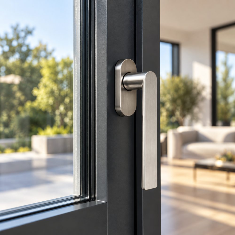 Brushed stainless steel handle on a slim anthracite aluminium window frame
