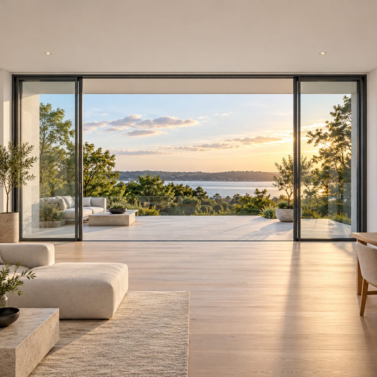 Large aluminium lift-and-slide door opening onto a stone terrace with a water view