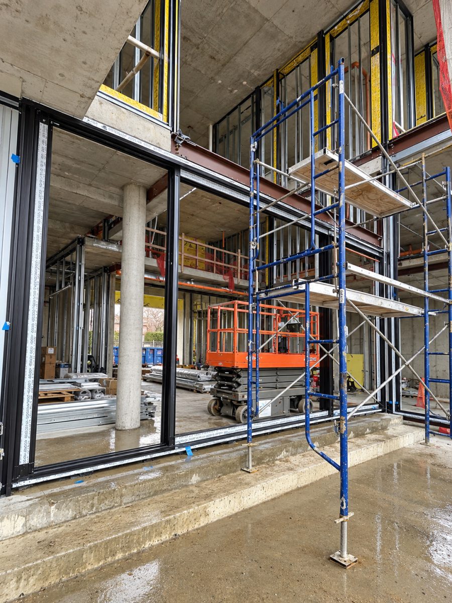 Installed Schüco frames along the ground-floor facade