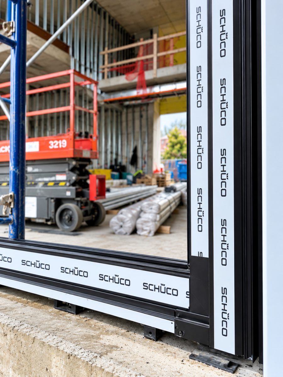 Close-up of a Schüco frame corner with Schüco protective film