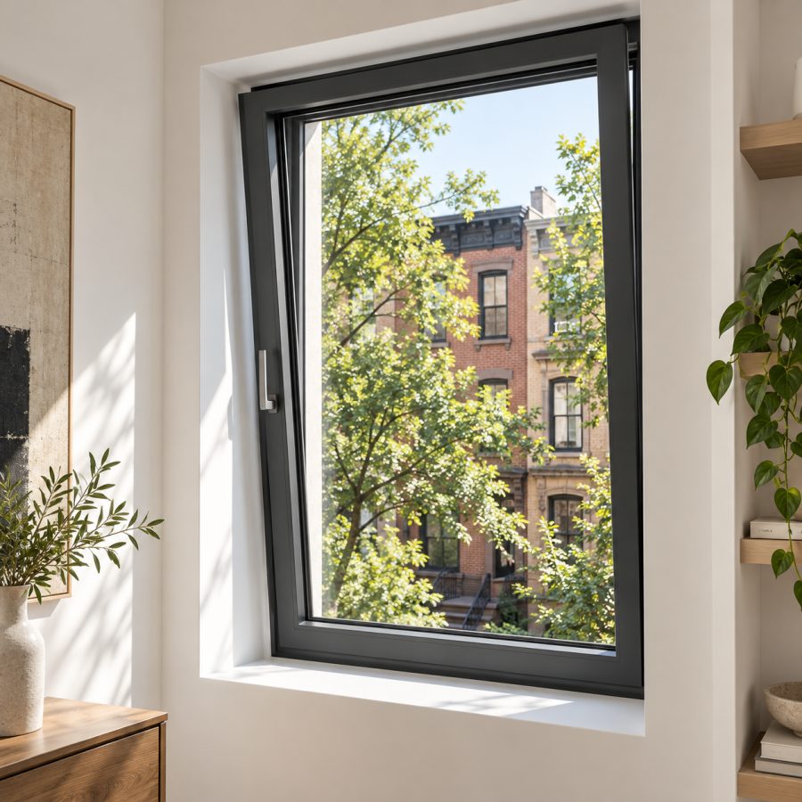 Anthracite aluminium tilt-and-turn window in a bright brownstone interior