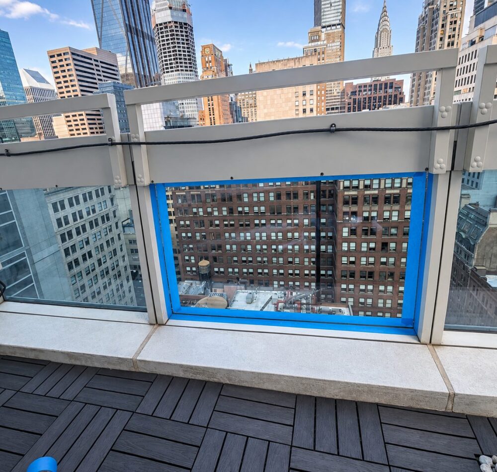 Glass opening taped and prepared for insulated glass unit replacement at the Sofitel Hotel