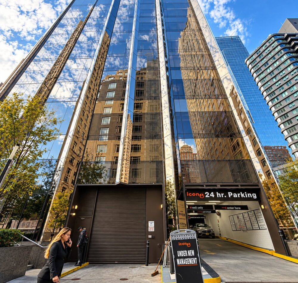 Bronze mirror glass facade at the base of Trump International Hotel & Tower, 1 Central Park West