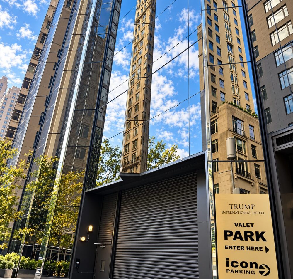Mirror glass cladding above the service entrance at Trump International Hotel & Tower