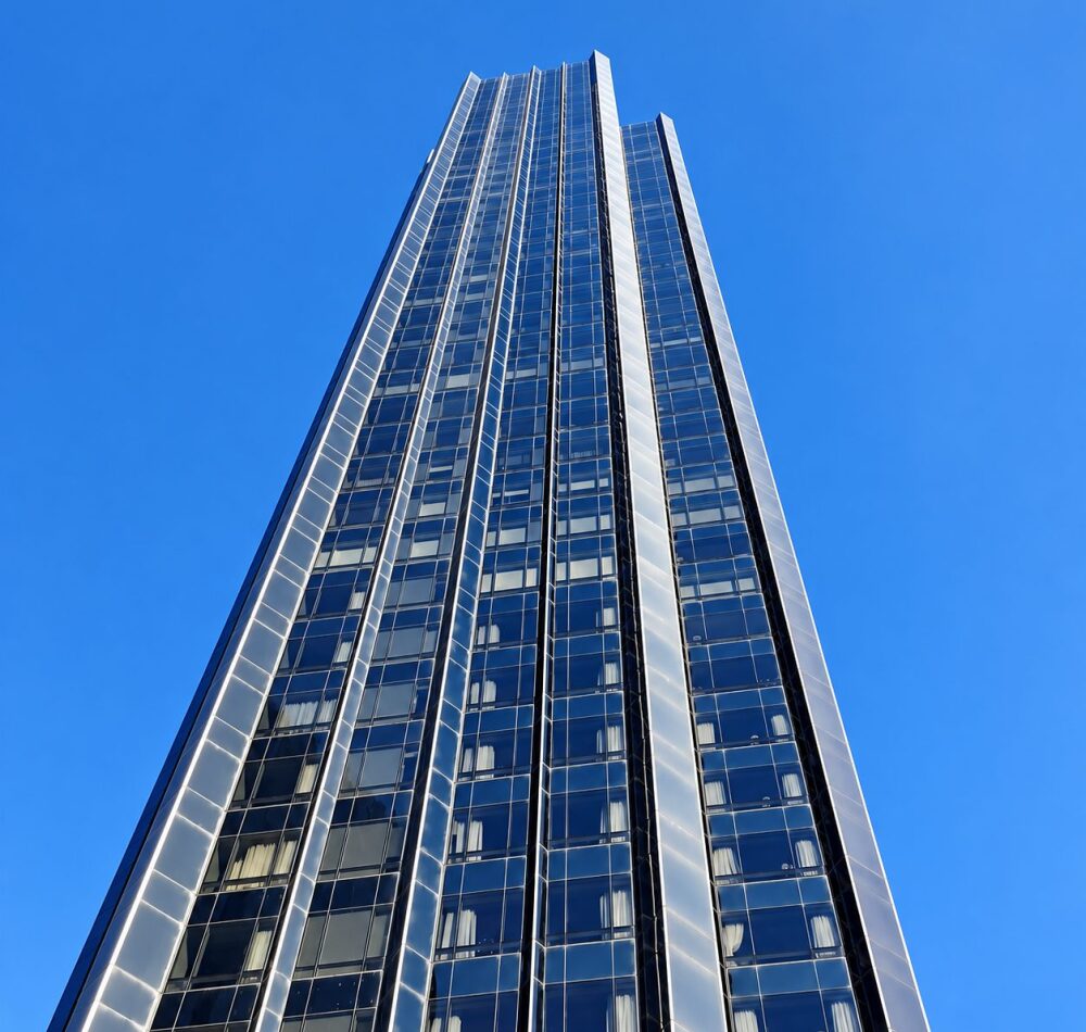 Trump International Hotel & Tower glass curtain wall seen from street level
